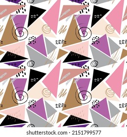 Seamless vector pattern with geometric shapes. Pink, purple, gray and black triangles on a light background. Vector illustration for poster, card, textile and accessories.
