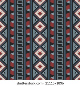 Seamless vector pattern with geometric vertical ornament. Textile print in boho style. Ethnic design with folk motifs of Maya, Aztecs, Mexicans. 