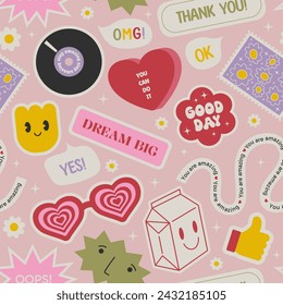 Seamless vector pattern with geometric y2k stickers, patches, labels, tags. Smiling face cartoon characters, text stamps, abstract shapes on background. Retro design texture. Funky graphic