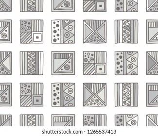 Seamless vector pattern. geometrical background with hand drawn decorative tribal elements. Print with ethnic, folk, traditional motifs. Graphic illustration for wrapping, wallpaper, fabric, packing