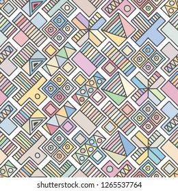 Seamless vector pattern. geometrical background with hand drawn decorative tribal elements. Print with ethnic, folk, traditional motifs. Graphic illustration for wrapping, wallpaper, fabric, packing