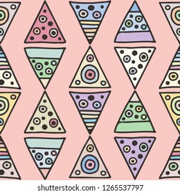 Seamless vector pattern. geometrical background with hand drawn decorative tribal elements. Print with ethnic, folk, traditional motifs. Graphic illustration for wrapping, wallpaper, fabric, packing