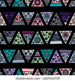 Seamless vector pattern. geometrical background with hand drawn decorative tribal elements. Print with ethnic, folk, traditional motifs. Graphic illustration for wrapping, wallpaper, fabric, packing