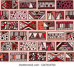 Seamless vector pattern. geometrical background with hand drawn decorative tribal elements. Print with ethnic, folk, traditional motifs. Graphic illustration for wrapping, wallpaper, fabric, packing