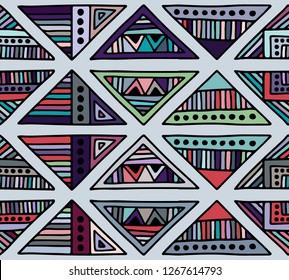 Seamless vector pattern. geometrical background with hand drawn decorative tribal elements. Print with ethnic, folk, traditional motifs. Graphic illustration for wrapping, wallpaper, fabric, packing