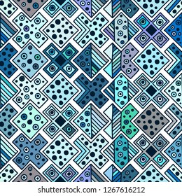 Seamless vector pattern. geometrical background with hand drawn decorative tribal elements. Print with ethnic, folk, traditional motifs. Graphic illustration for wrapping, wallpaper, fabric, packing