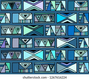 Seamless vector pattern. geometrical background with hand drawn decorative tribal elements. Print with ethnic, folk, traditional motifs. Graphic illustration for wrapping, wallpaper, fabric, packing