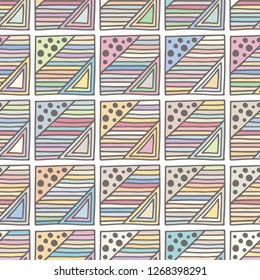 Seamless vector pattern. geometrical background with hand drawn decorative tribal elements. Print with ethnic, folk, traditional motifs. Graphic illustration for wrapping, wallpaper, fabric, packing