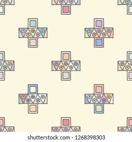 Seamless vector pattern. geometrical background with hand drawn decorative tribal elements. Print with ethnic, folk, traditional motifs. Graphic illustration for wrapping, wallpaper, fabric, packing