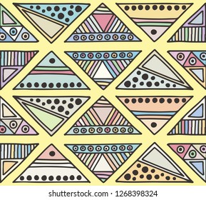 Seamless vector pattern. geometrical background with hand drawn decorative tribal elements. Print with ethnic, folk, traditional motifs. Graphic illustration for wrapping, wallpaper, fabric, packing