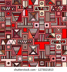Seamless vector pattern. geometrical background with hand drawn decorative tribal elements. Print with ethnic, folk, traditional motifs. Graphic illustration for wrapping, wallpaper, fabric, packing