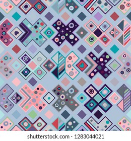 Seamless vector pattern. geometrical background with hand drawn decorative tribal elements. Print with ethnic, folk, traditional motifs. Graphic illustration for wrapping, wallpaper, fabric, packing