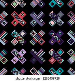 Seamless vector pattern. geometrical background with hand drawn decorative tribal elements. Print with ethnic, folk, traditional motifs. Graphic illustration for wrapping, wallpaper, fabric, packing