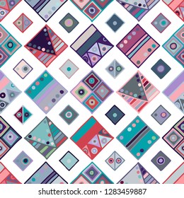 Seamless vector pattern. geometrical background with hand drawn decorative tribal elements. Print with ethnic, folk, traditional motifs. Graphic illustration for wrapping, wallpaper, fabric, packing
