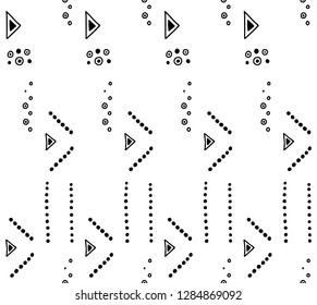 Seamless vector pattern. geometrical background with hand drawn decorative tribal elements. Print with ethnic, folk, traditional motifs. Graphic illustration for wrapping, wallpaper, fabric, packing