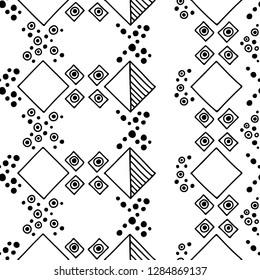 Seamless vector pattern. geometrical background with hand drawn decorative tribal elements. Print with ethnic, folk, traditional motifs. Graphic illustration for wrapping, wallpaper, fabric, packing