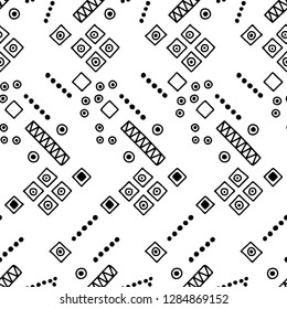 Seamless vector pattern. geometrical background with hand drawn decorative tribal elements. Print with ethnic, folk, traditional motifs. Graphic illustration for wrapping, wallpaper, fabric, packing