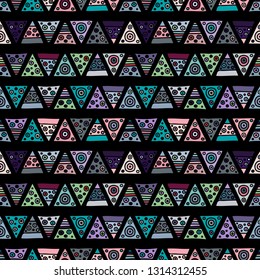 Seamless vector pattern. geometrical background with hand drawn decorative tribal elements. Print with ethnic, folk, traditional motifs. Graphic illustration for wrapping, wallpaper, fabric, packing