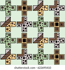 Seamless vector pattern. Geometrical background with hand drawn decorative tribal elements in vintage brown colors. Print with ethnic, folk, traditional motifs. Graphic vector illustration.
