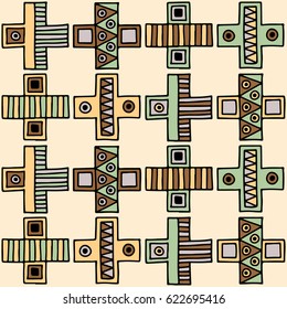 Seamless vector pattern. Geometrical background with hand drawn decorative tribal elements in vintage brown colors. Print with ethnic, folk, traditional motifs. Graphic vector illustration.