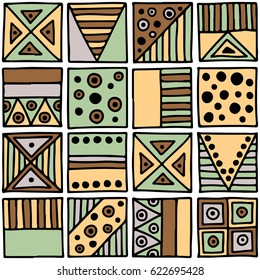 Seamless vector pattern. Geometrical background with hand drawn decorative tribal elements in vintage brown colors. Print with ethnic, folk, traditional motifs. Graphic vector illustration.