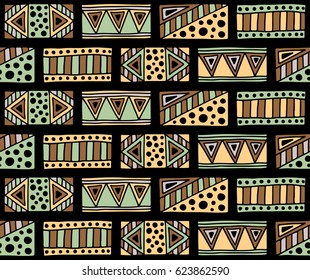 Seamless vector pattern. Geometrical background with hand drawn decorative tribal elements in vintage brown colors. Print with ethnic, folk, traditional motifs. Graphic vector illustration.