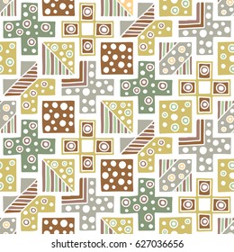 Seamless vector pattern. Geometrical background with hand drawn decorative tribal elements in vintage brown colors. Print with ethnic, folk, traditional motifs. Graphic vector illustration.