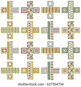 Seamless vector pattern. Geometrical background with hand drawn decorative tribal elements in vintage brown colors. Print with ethnic, folk, traditional motifs. Graphic vector illustration.