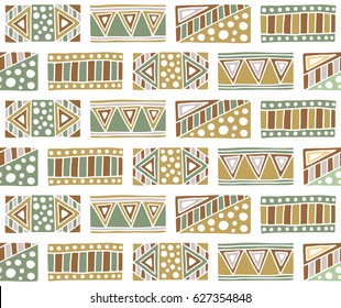 Seamless vector pattern. Geometrical background with hand drawn decorative tribal elements in vintage brown colors. Print with ethnic, folk, traditional motifs. Graphic vector illustration.