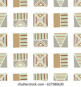 Seamless vector pattern. Geometrical background with hand drawn decorative tribal elements in vintage brown colors. Print with ethnic, folk, traditional motifs. Graphic vector illustration.