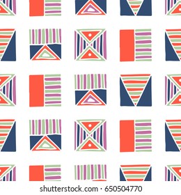 Seamless vector pattern. Geometrical background with hand drawn decorative tribal elements in vintage colors. Print with ethnic, folk, traditional motifs. Graphic vector illustration.