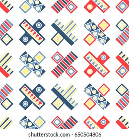 Seamless vector pattern. Geometrical background with hand drawn decorative tribal elements in vintage colors. Print with ethnic, folk, traditional motifs. Graphic vector illustration.