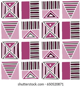 Seamless vector pattern. Geometrical background with hand drawn decorative tribal elements in vintage colors. Print with ethnic, folk, traditional motifs. Graphic vector illustration.