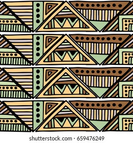 Seamless vector pattern. Geometrical background with hand drawn decorative tribal elements in brown colors. Print with ethnic, folk, traditional motifs. Graphic vector illustration.