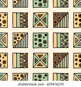 Seamless vector pattern. Geometrical background with hand drawn decorative tribal elements in brown colors. Print with ethnic, folk, traditional motifs. Graphic vector illustration.