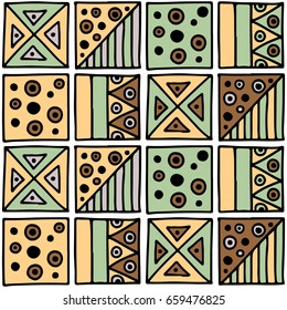 Seamless vector pattern. Geometrical background with hand drawn decorative tribal elements in brown colors. Print with ethnic, folk, traditional motifs. Graphic vector illustration.