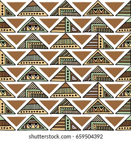 Seamless vector pattern. Geometrical background with hand drawn decorative tribal elements in brown colors. Print with ethnic, folk, traditional motifs. Graphic vector illustration.