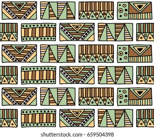 Seamless vector pattern. Geometrical background with hand drawn decorative tribal elements in brown colors. Print with ethnic, folk, traditional motifs. Graphic vector illustration.