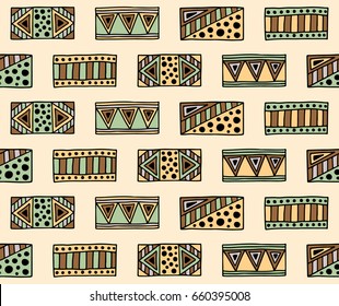Seamless vector pattern. Geometrical background with hand drawn decorative tribal elements in brown colors. Print with ethnic, folk, traditional motifs. Graphic vector illustration.
