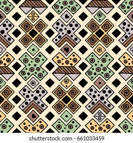 Seamless vector pattern. Geometrical background with hand drawn decorative tribal elements in brown colors. Print with ethnic, folk, traditional motifs. Graphic vector illustration.