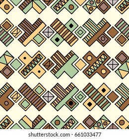 Seamless vector pattern. Geometrical background with hand drawn decorative tribal elements in brown colors. Print with ethnic, folk, traditional motifs. Graphic vector illustration.
