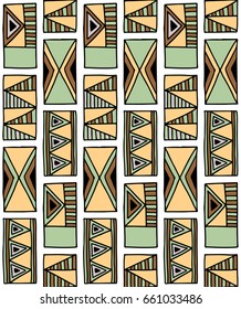 Seamless vector pattern. Geometrical background with hand drawn decorative tribal elements in brown colors. Print with ethnic, folk, traditional motifs. Graphic vector illustration.