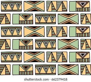 Seamless vector pattern. Geometrical background with hand drawn decorative tribal elements in brown colors. Print with ethnic, folk, traditional motifs. Graphic vector illustration.