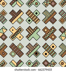 Seamless vector pattern. Geometrical background with hand drawn decorative tribal elements in brown colors. Print with ethnic, folk, traditional motifs. Graphic vector illustration.
