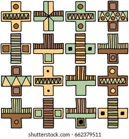 Seamless vector pattern. Geometrical background with hand drawn decorative tribal elements in brown colors. Print with ethnic, folk, traditional motifs. Graphic vector illustration.
