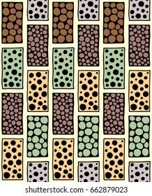 Seamless vector pattern. Geometrical background with hand drawn decorative tribal elements in brown colors. Print with ethnic, folk, traditional motifs. Graphic vector illustration.