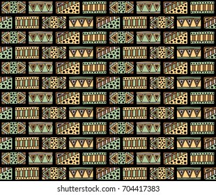 Seamless vector pattern. Geometrical background with hand drawn decorative tribal elements in vintage brown dark colors. Print with ethnic, folk, traditional motifs. Graphic vector illustration.