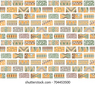 Seamless vector pattern. Geometrical background with hand drawn decorative tribal elements in vintage brown pastel colors. Print with ethnic, folk, traditional motifs. Graphic vector illustration.