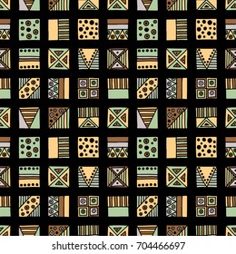 Seamless vector pattern. Geometrical background with hand drawn decorative tribal elements in vintage brown dark colors. Print with ethnic, folk, traditional motifs. Graphic vector illustration.