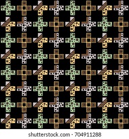 Seamless vector pattern. Geometrical background with hand drawn decorative tribal elements in vintage brown dark colors. Print with ethnic, folk, traditional motifs. Graphic vector illustration.